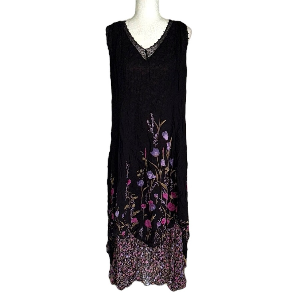 Lola P Black & Purple Floral Sleeveless Beaded Crochet Boho Midi Slip Dress - M